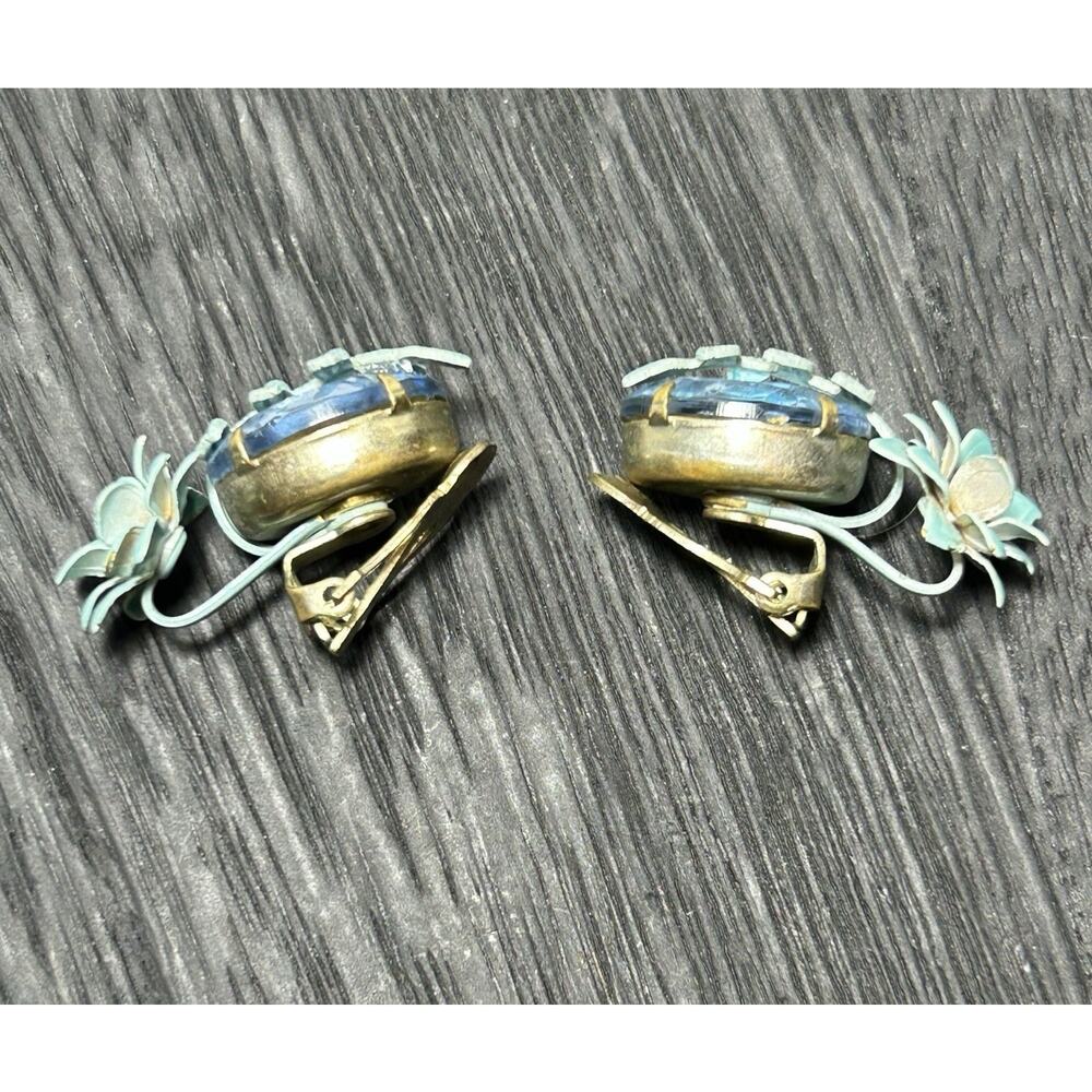 Vintage Glass And Enamel Earrings Blue Clip On Floral Vines Spring - Picture 5 of 11
